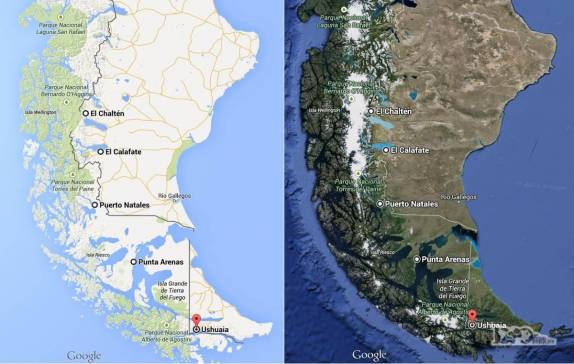 Esse mapa mostra por que não é possível chegar ao sul do Chile sem passar pela Argentina. O Campo de Gelo Sul e o emaranhado de ilhas e fiordes impede a passagem de qualquer estrada no lado chileno